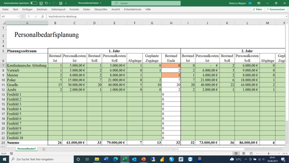 Personalbedarfsplan - Ansicht auf die Excel Datei