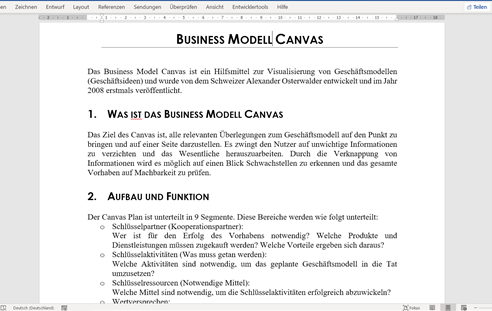 Businessplan Canvas Vorlage - Ansicht der Beschreibung