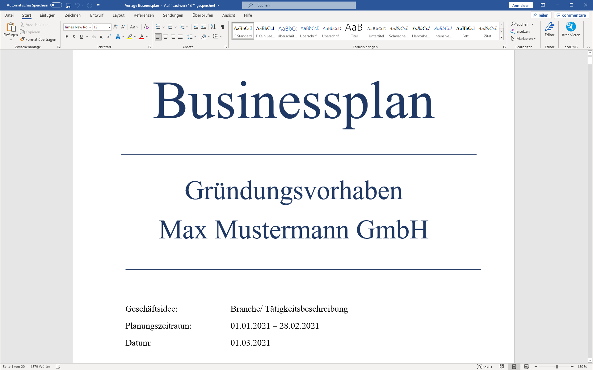 Businessplan Vorlage - Ansicht auf die Word Datei